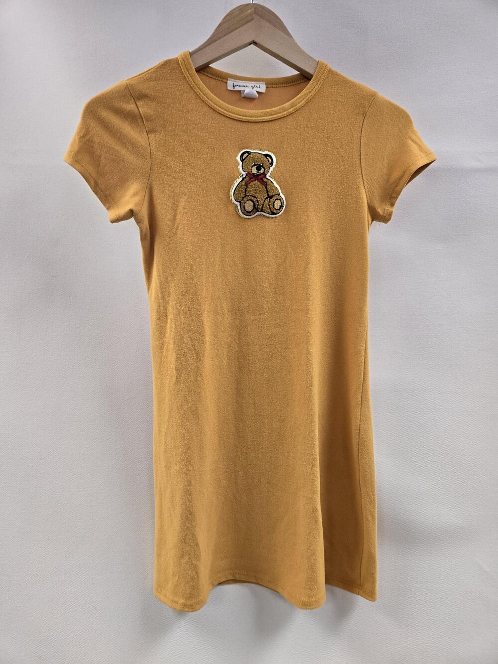 Forever Girl Dress Girls Size 12 Yellow Teddy Bear Patch Short Sleeve Casual